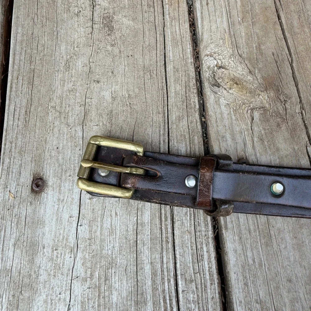 Vintage Distressed Leather Double Strap Belt Unisex Brown Brass Hardware 33-39